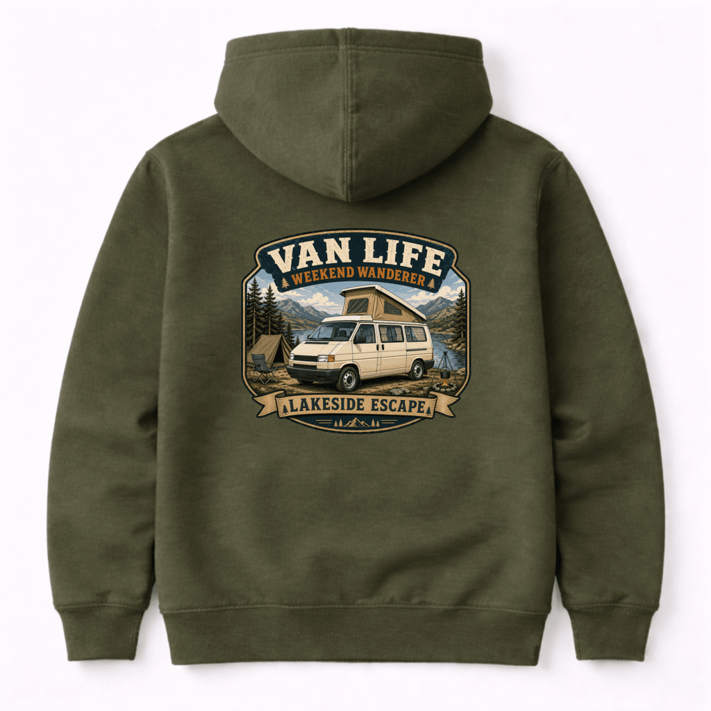 Green hoodie with 'Van Life' graphic on the back