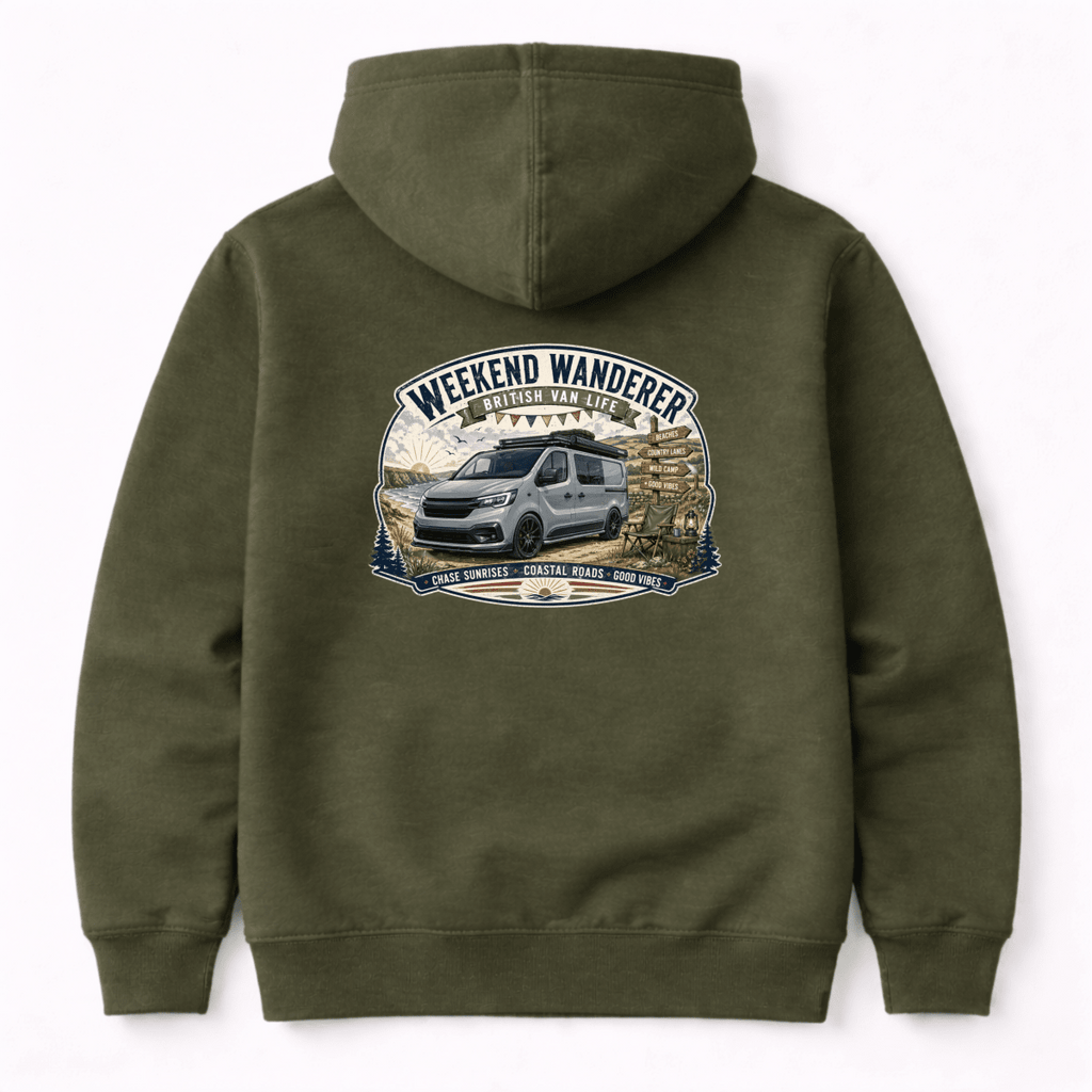 Green hoodie with 'Weekend Wanderer' graphic on the back