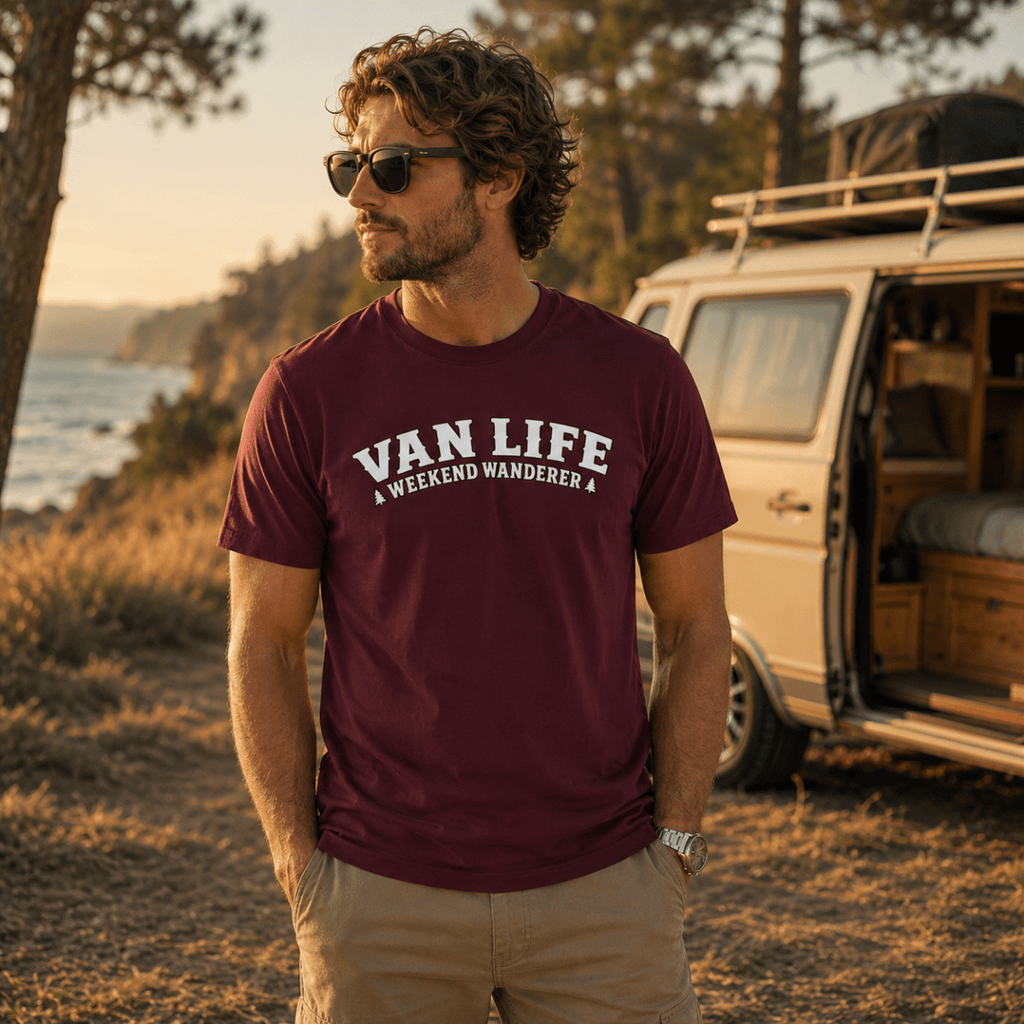 Model wearing Camberline burgundy van life t-shirt showing Van Life Weekend Wanderer collegiate arch text with pine icons on chest