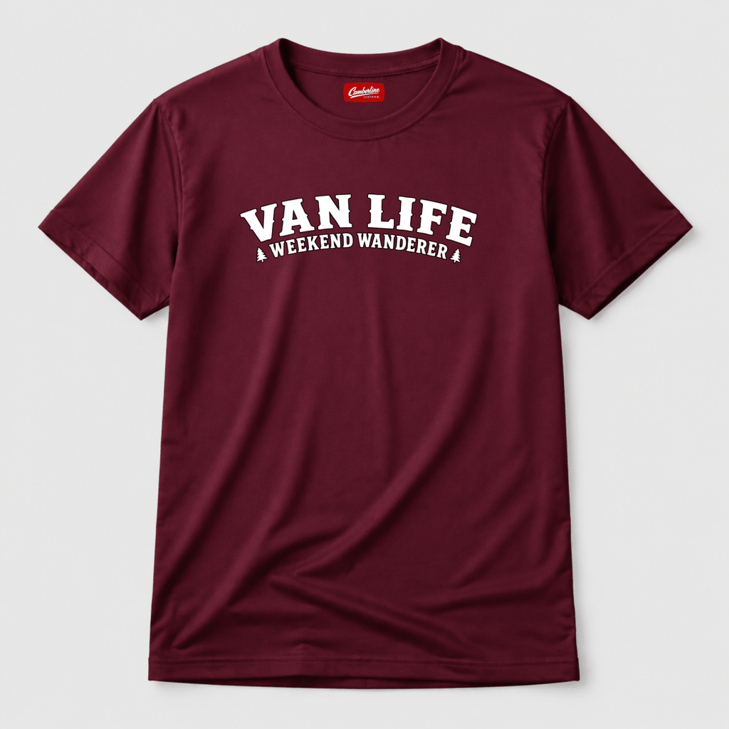 Camberline Van Life Weekend Wanderer collegiate arch text with pine icons, burgundy t-shirt, front view
