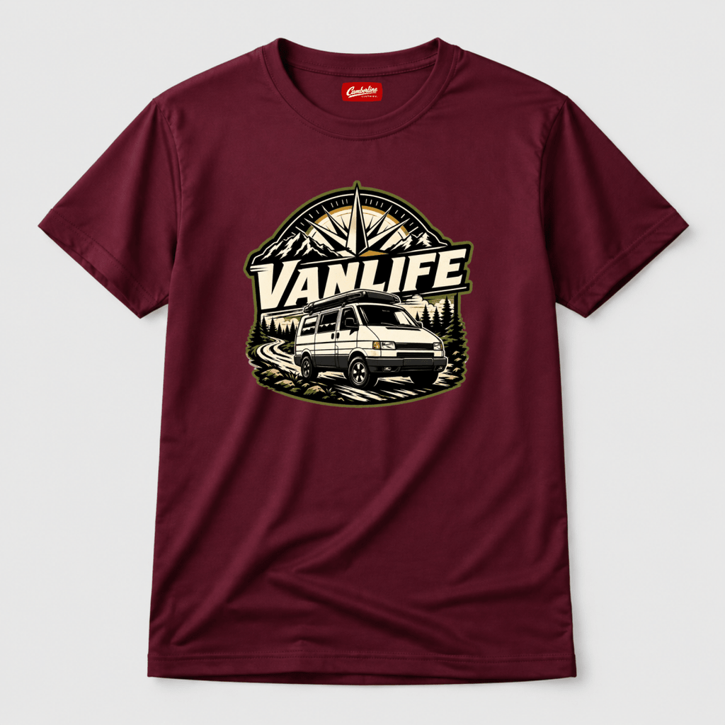 Camberline VanLife compass star badge with retro van and mountain forest, burgundy t-shirt, front view