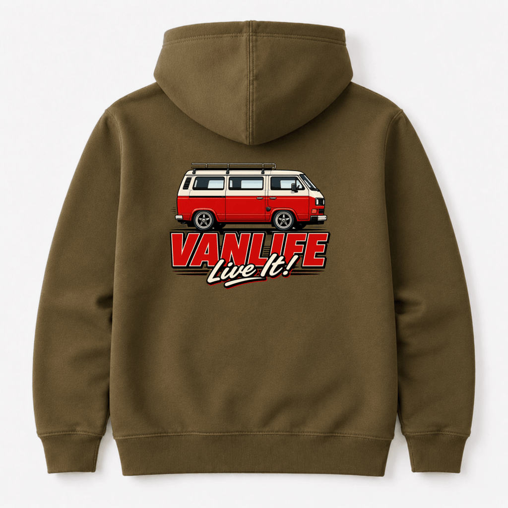 Camberline VanLife Live It red and cream retro campervan side profile graphic, olive hoodie, back view