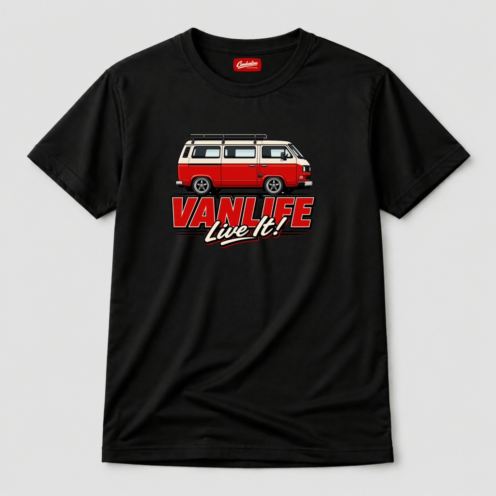 Camberline VanLife Live It red and cream retro campervan side profile, black t-shirt, front view