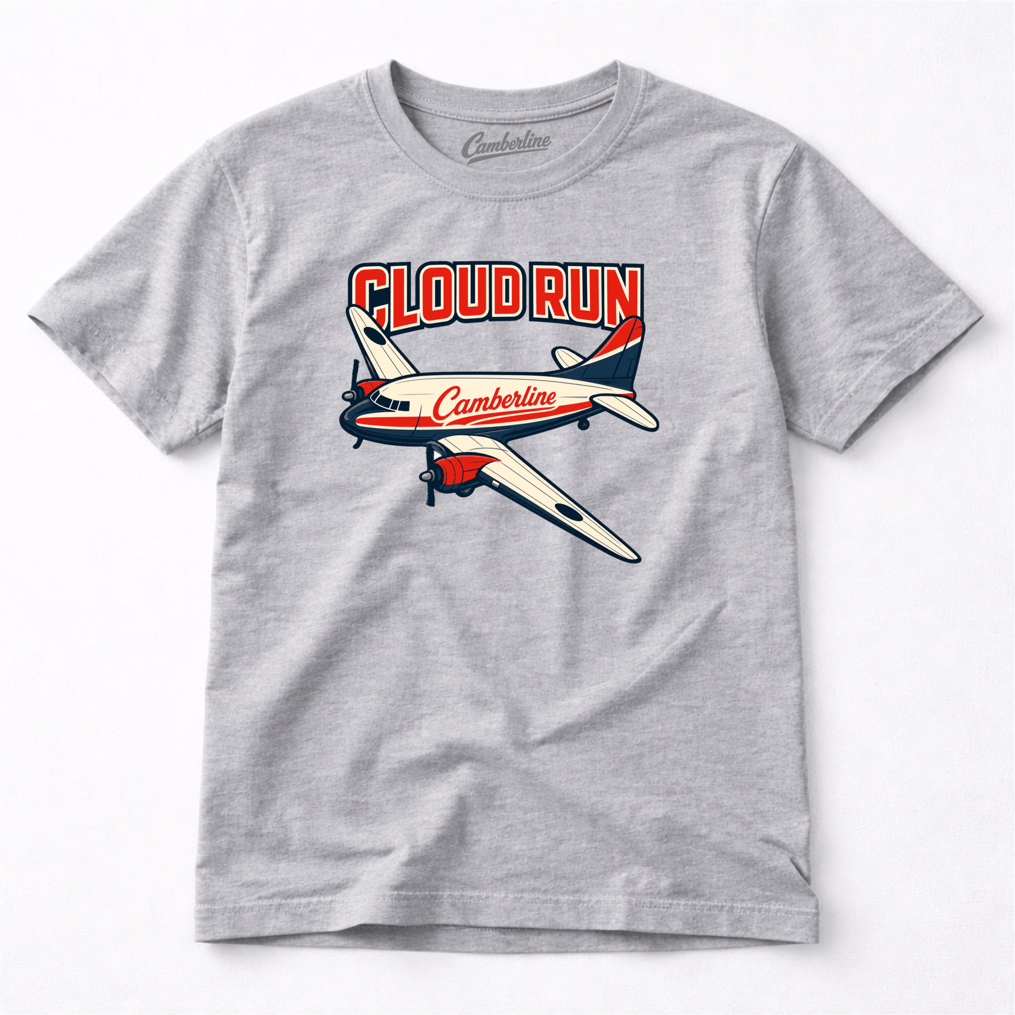 Gray t-shirt with airplane graphic and 'Cloud Run' text on a white background