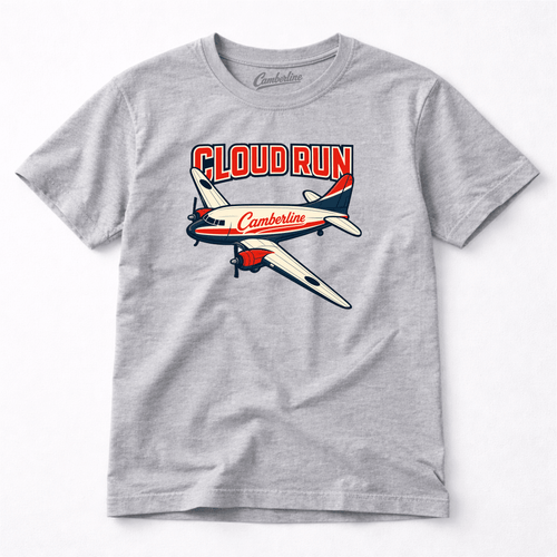 Gray t-shirt with airplane graphic and 'Cloud Run' text on a white background