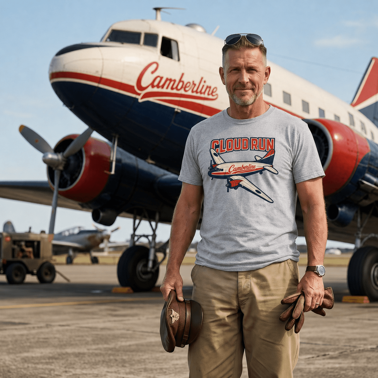 Man standing in front of a Camberline airplane wearing a branded t-shirt.