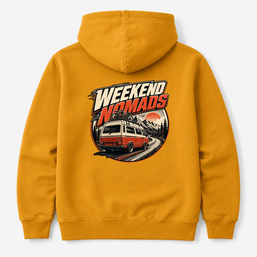 Camberline Weekend Nomads rear-view retro van with bikes and mountain sunset badge, amber/mustard hoodie, back view