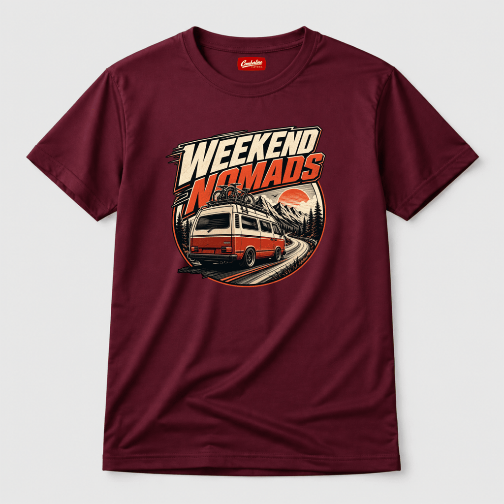 Camberline Weekend Nomads rear-view retro van with bikes and mountain sunset badge, burgundy t-shirt, front view