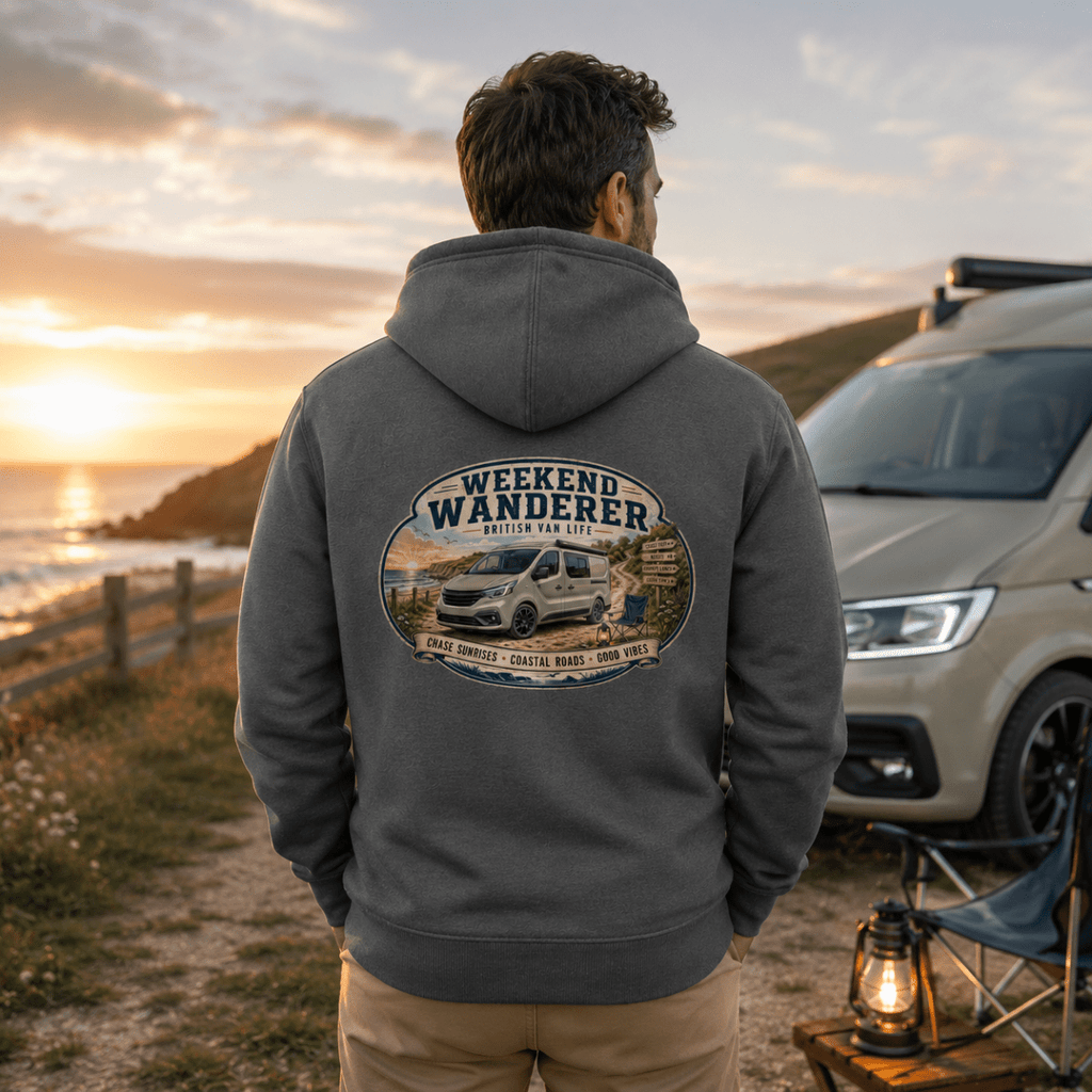 Model wearing Camberline dark heather van life hoodie showing Weekend Wanderer British Van Life coastal van and sunrise badge on back