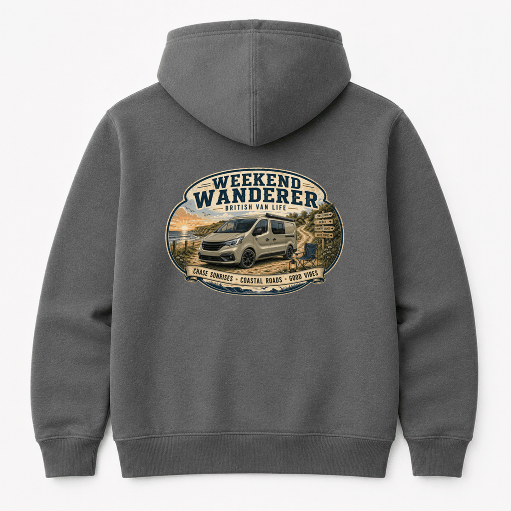 Camberline Weekend Wanderer British Van Life coastal van and sunrise badge, dark heather hoodie, back view