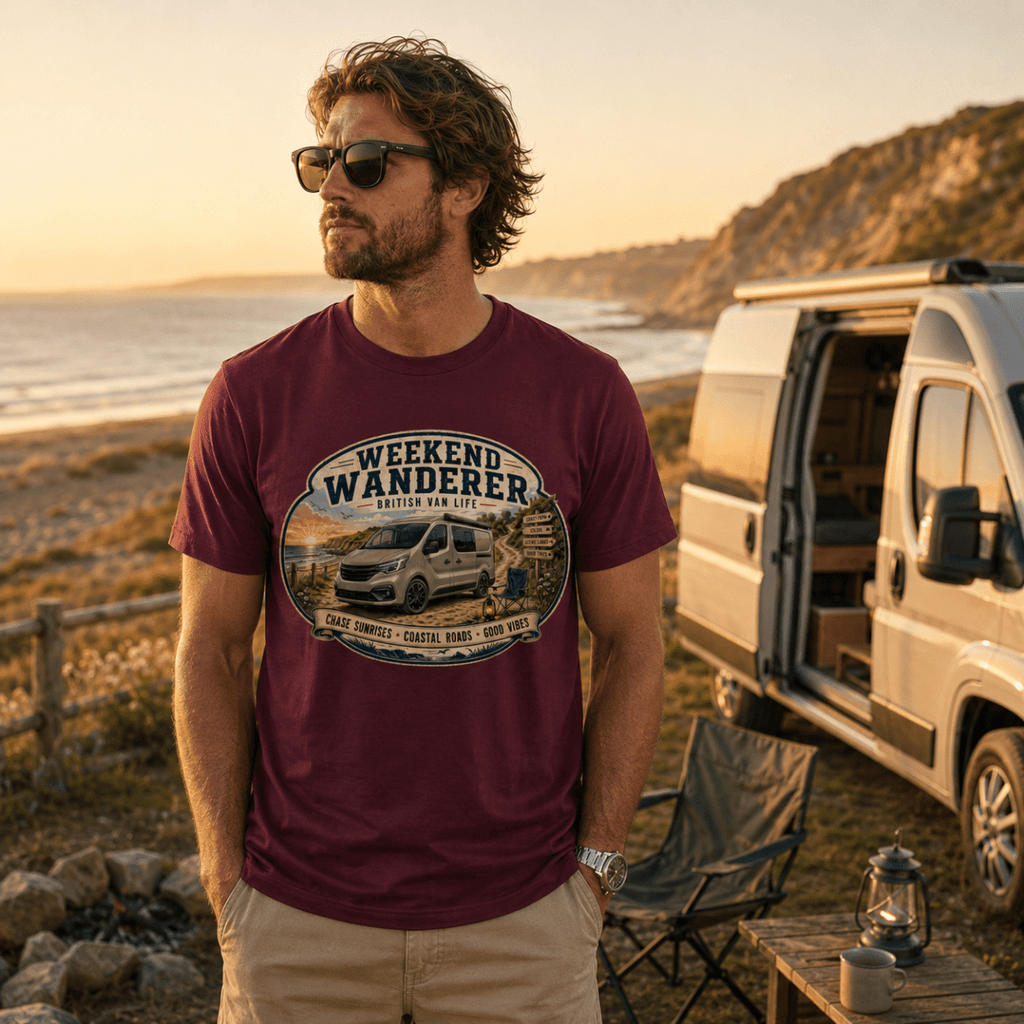 Model wearing Camberline burgundy van life t-shirt showing Weekend Wanderer British Van Life coastal van and sunrise badge on chest