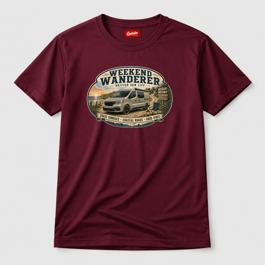 Camberline Weekend Wanderer British Van Life coastal van and sunrise badge, burgundy t-shirt, front view