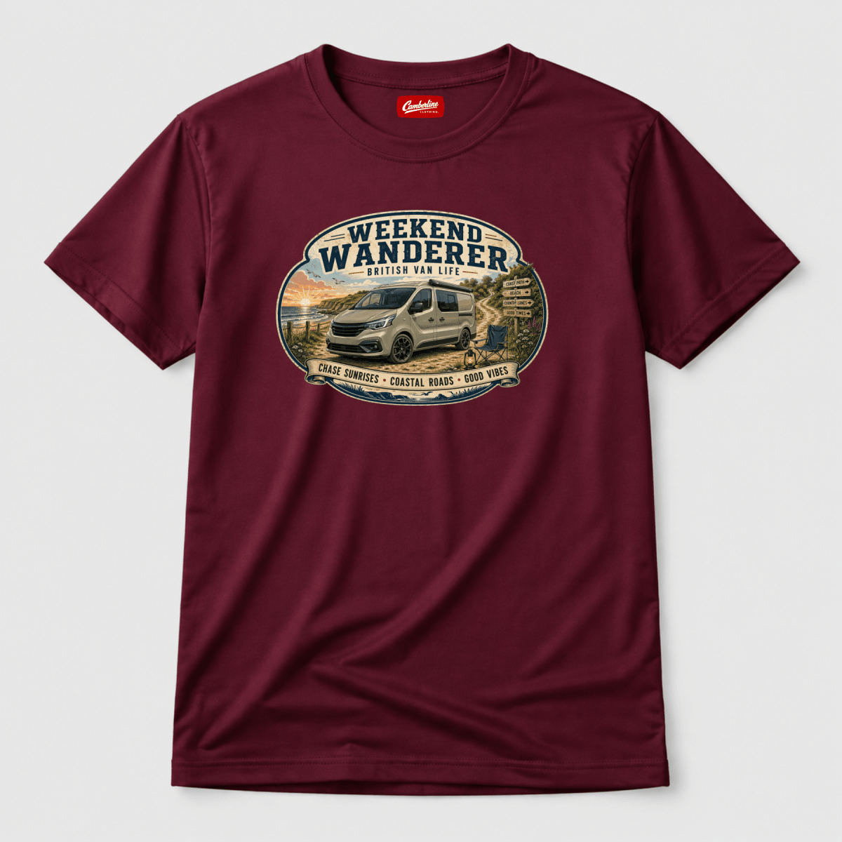 Camberline Weekend Wanderer British Van Life coastal van and sunrise badge, burgundy t-shirt, front view