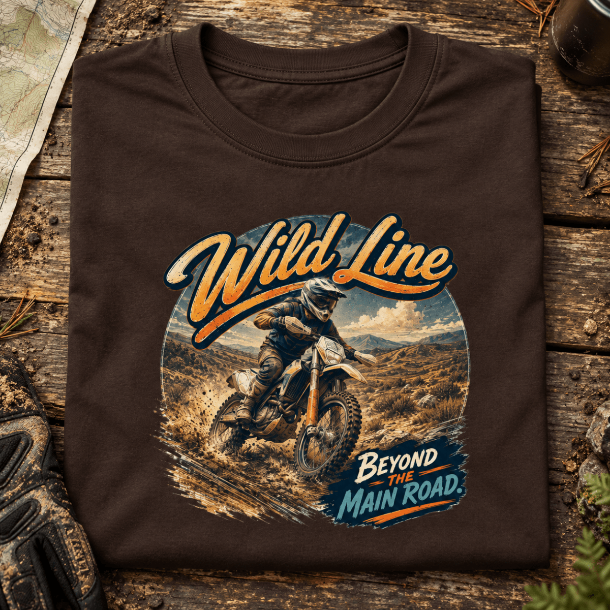 Camberline Wild Line enduro adventure brown T-shirt front print in a trail-side setting