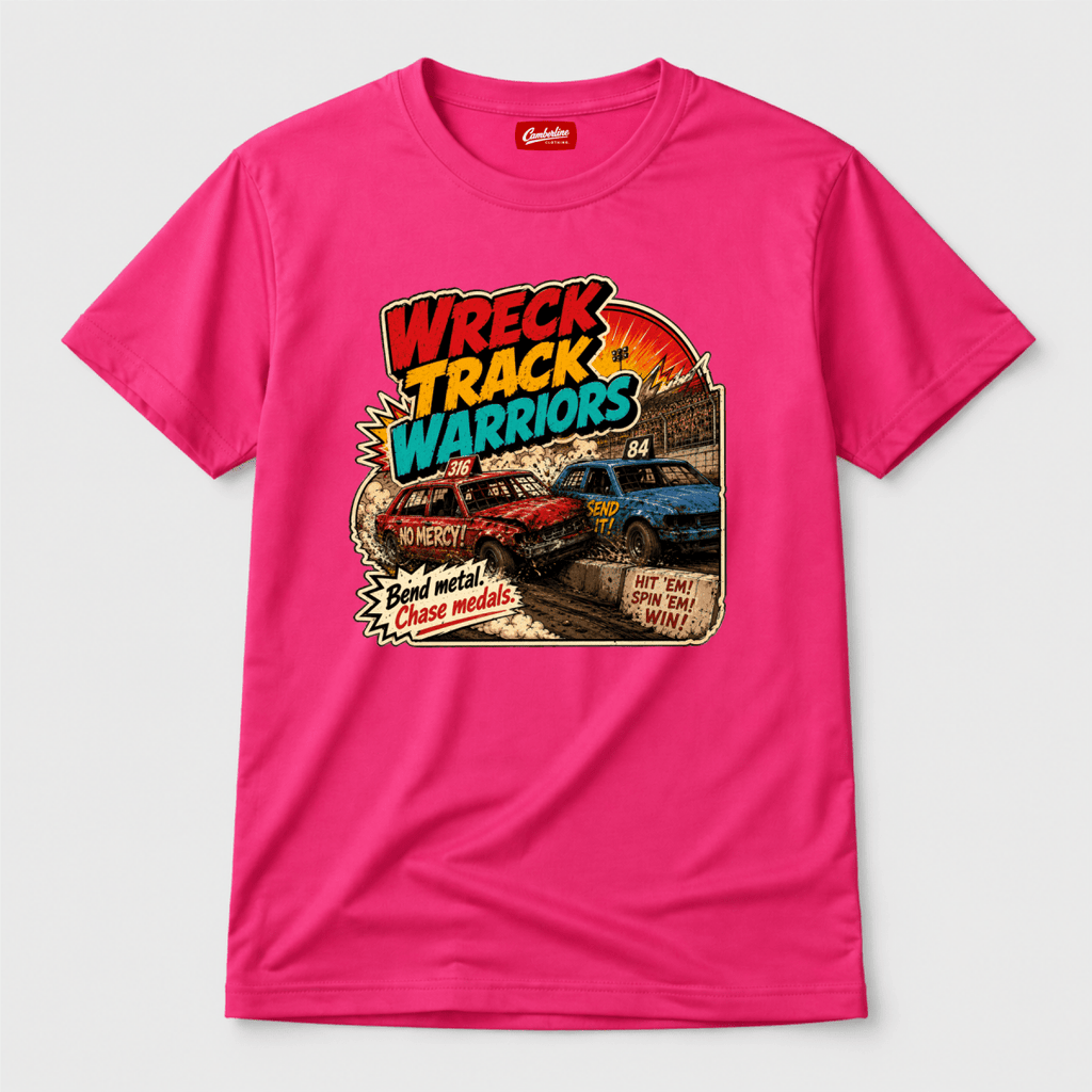 Camberline Wreck Track Warriors Hot Pink t-shirt, front graphic for British oval racing fans