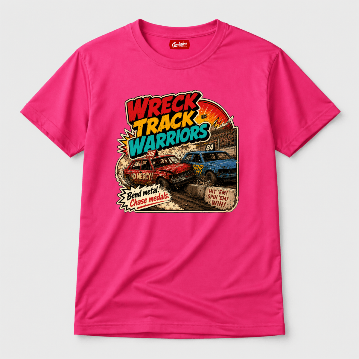 Camberline Wreck Track Warriors Hot Pink t-shirt, front graphic for British oval racing fans