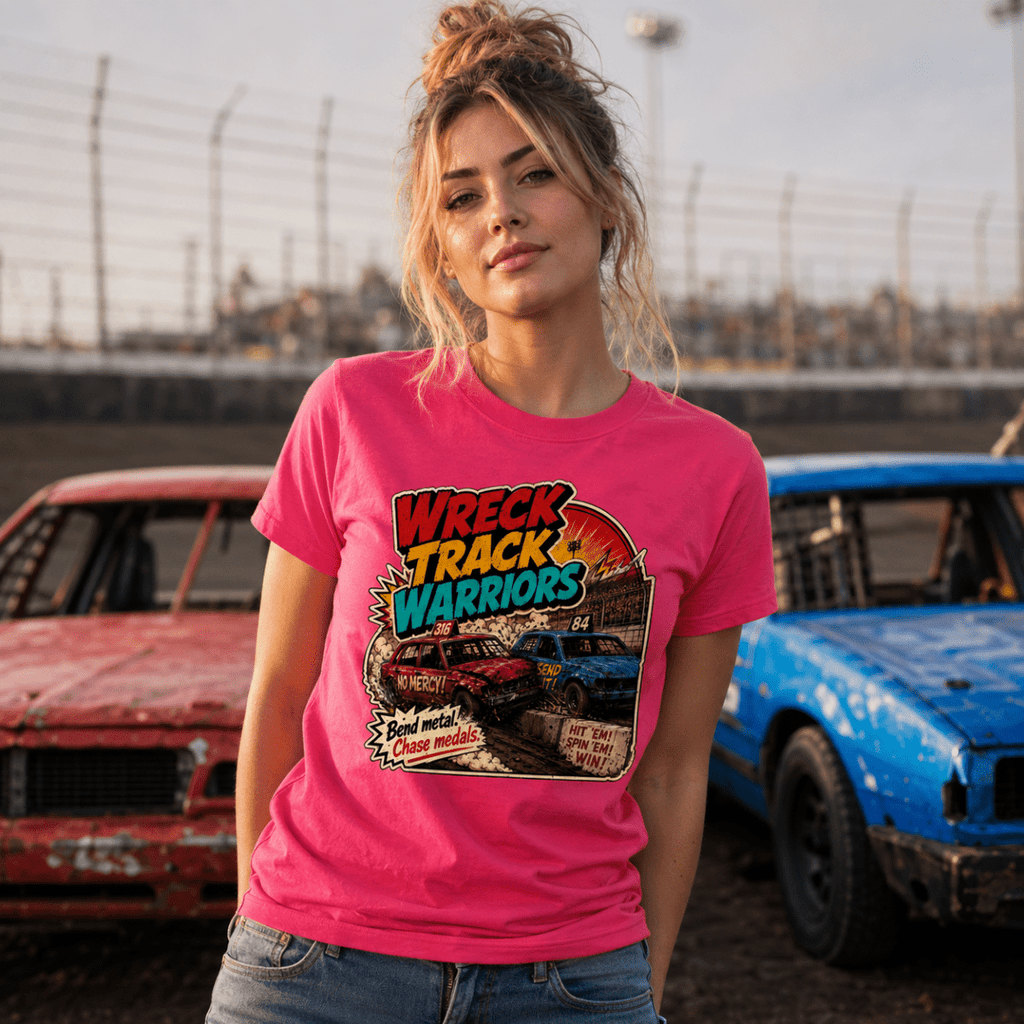 Model wearing Camberline Hot Pink t-shirt showing Wreck Track Warriors British oval racing front graphic