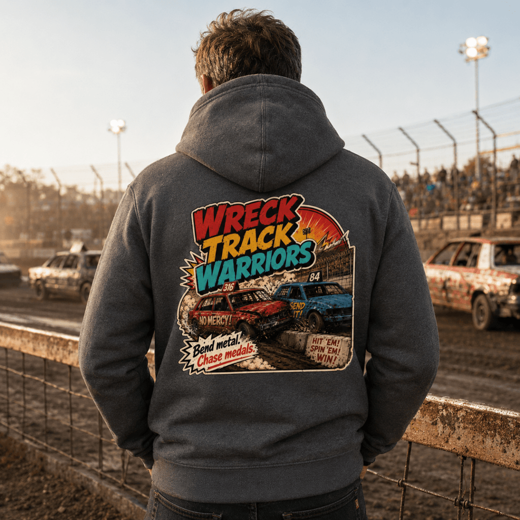 Model wearing Camberline Charcoal hoodie showing Wreck Track Warriors Retro Arcade British oval racing back graphic