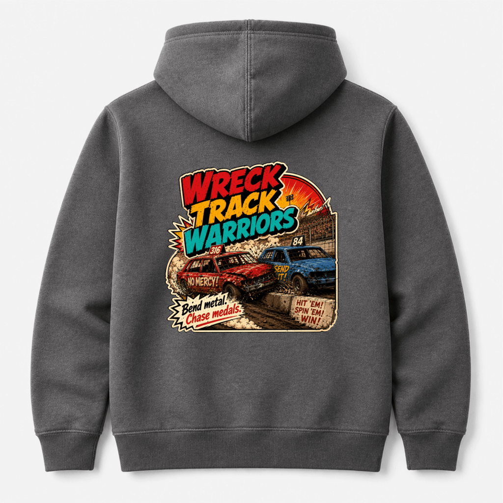 Camberline Wreck Track Warriors Retro Arcade Charcoal hoodie, back graphic for British oval racing fans