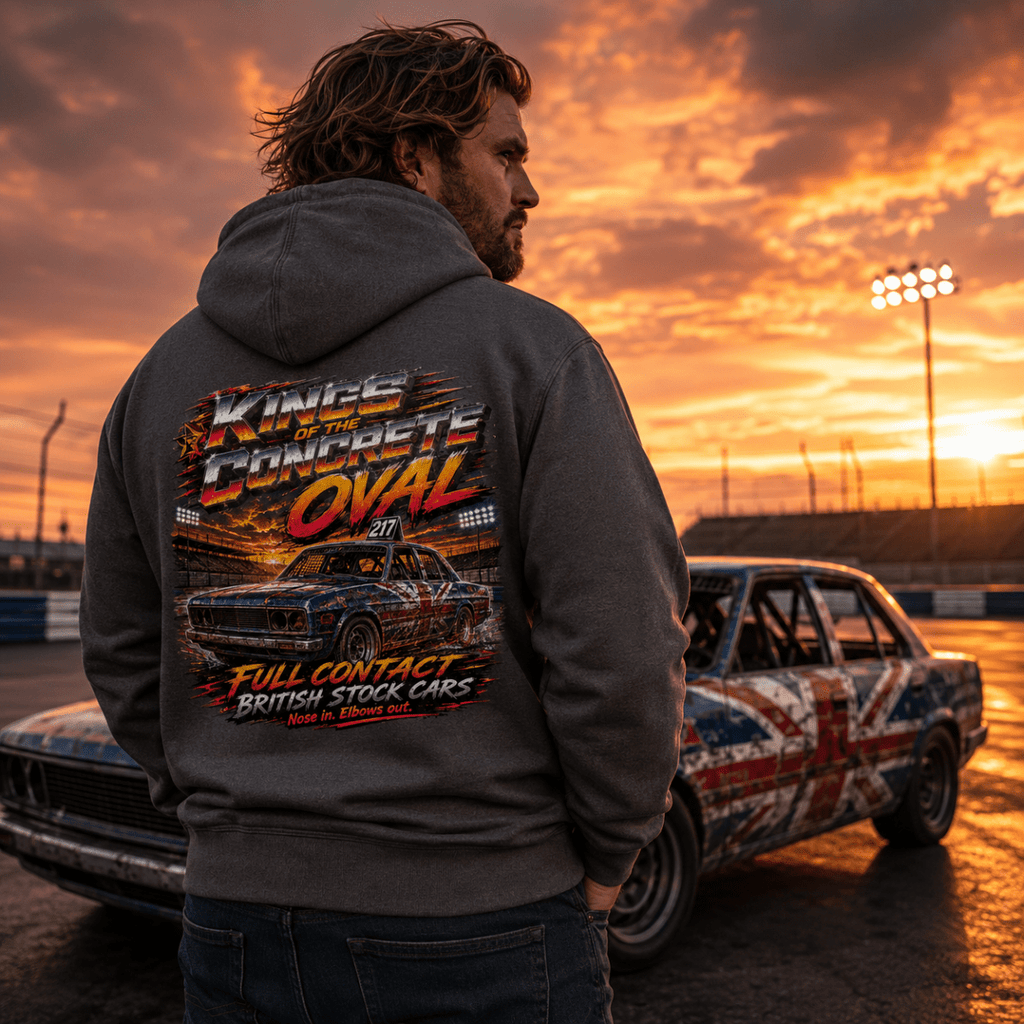 Model wearing Camberline Hot Pink hoodie showing Wreckers at Midnight British oval racing back graphic