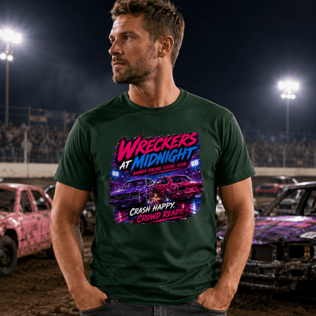 Model wearing Camberline Forest Green t-shirt showing Wreckers at Midnight Neon Crash British oval racing front graphic