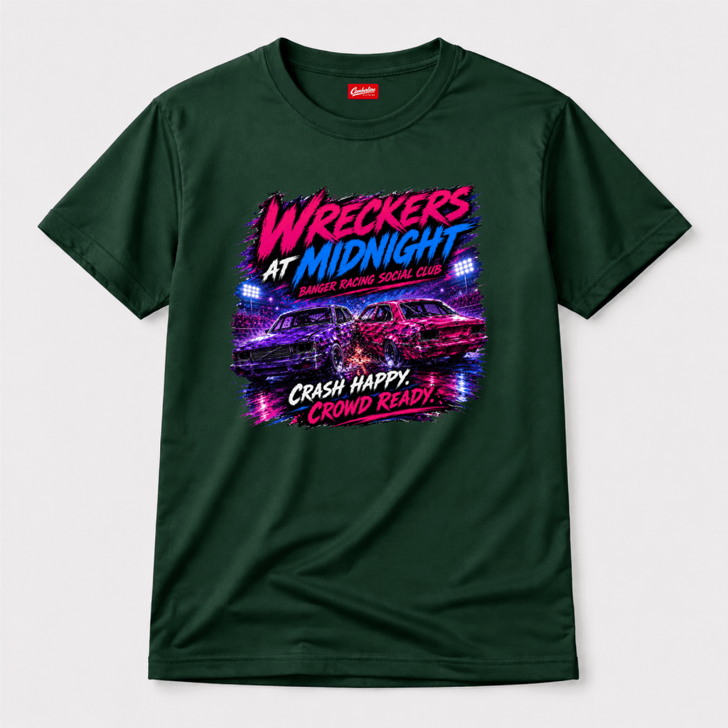 Camberline Wreckers at Midnight Neon Crash Forest Green t-shirt, front graphic for British oval racing fans