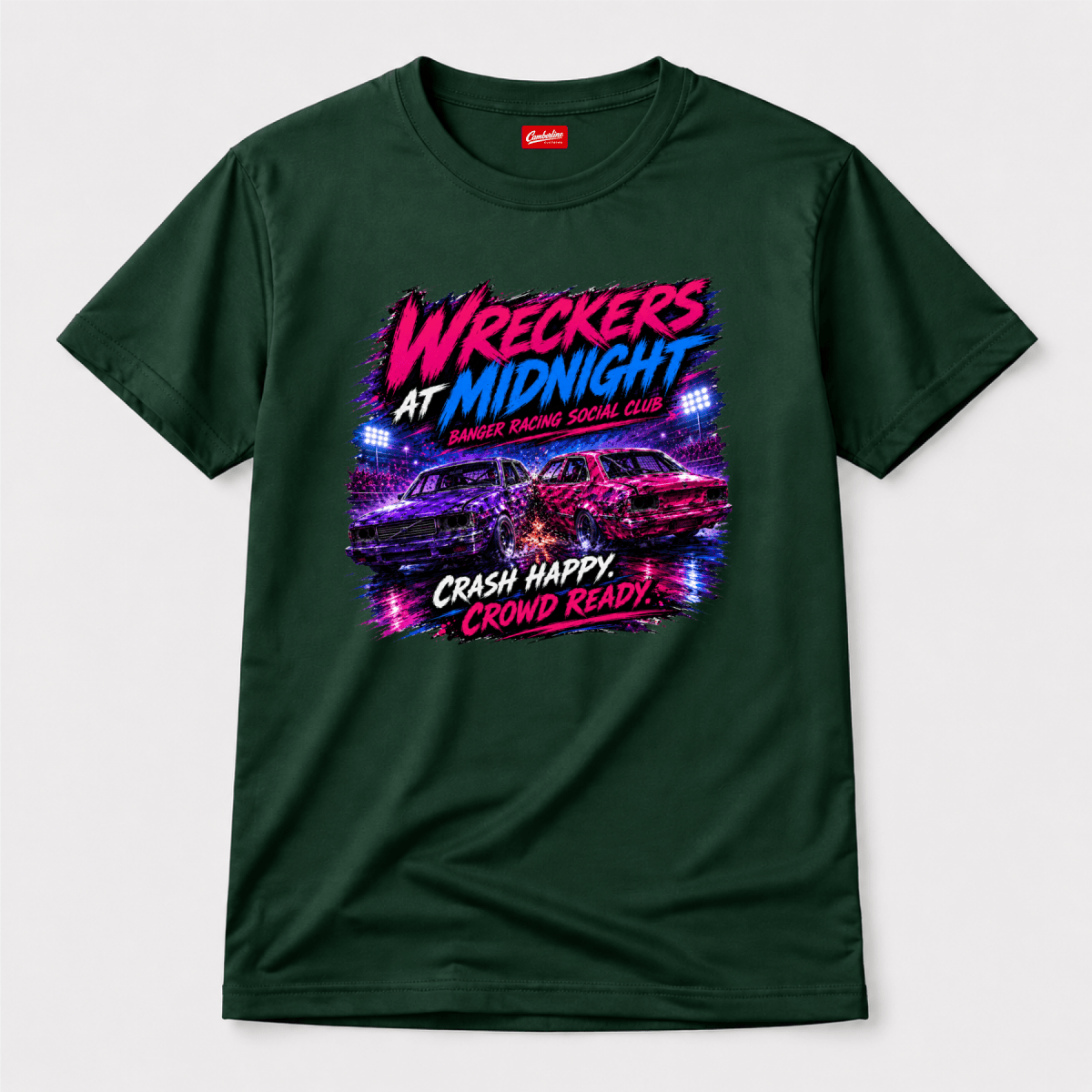 Camberline Wreckers at Midnight Neon Crash Forest Green t-shirt, front graphic for British oval racing fans