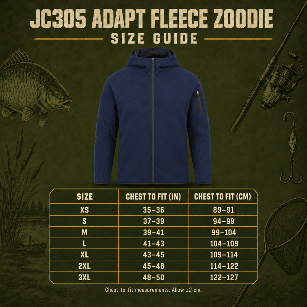 JC305 Adapt Fleece Zoodie chest-to-fit size guide in inches and centimetres