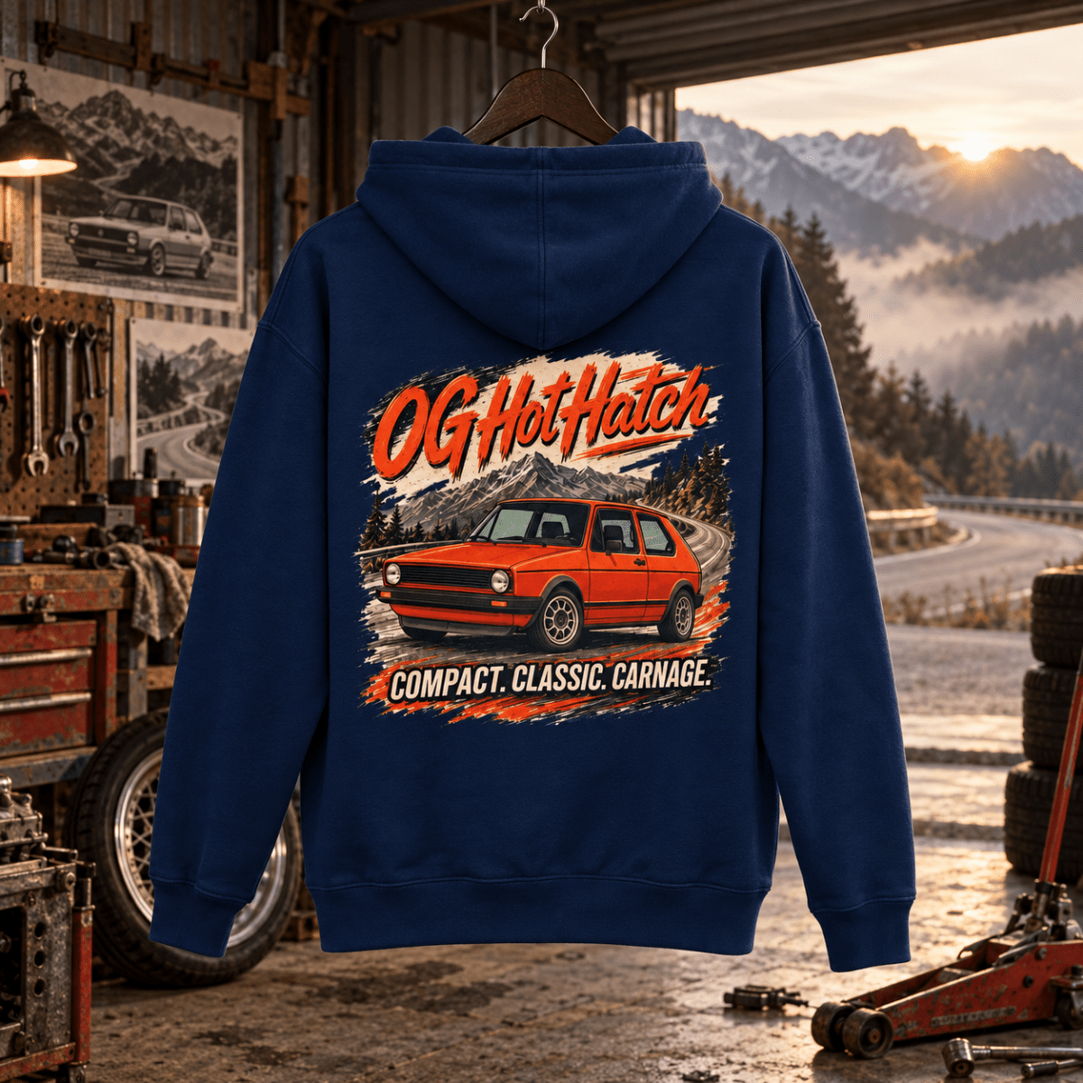OG Hot Hatch navy hoodie back in a gritty mountain road workshop