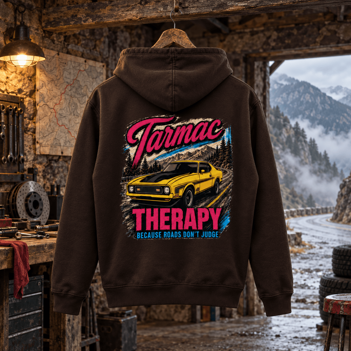 Muscle Car Graphic Hoodie – Tarmac Therapy Car Road Therapy in a varied gritty automotive setting