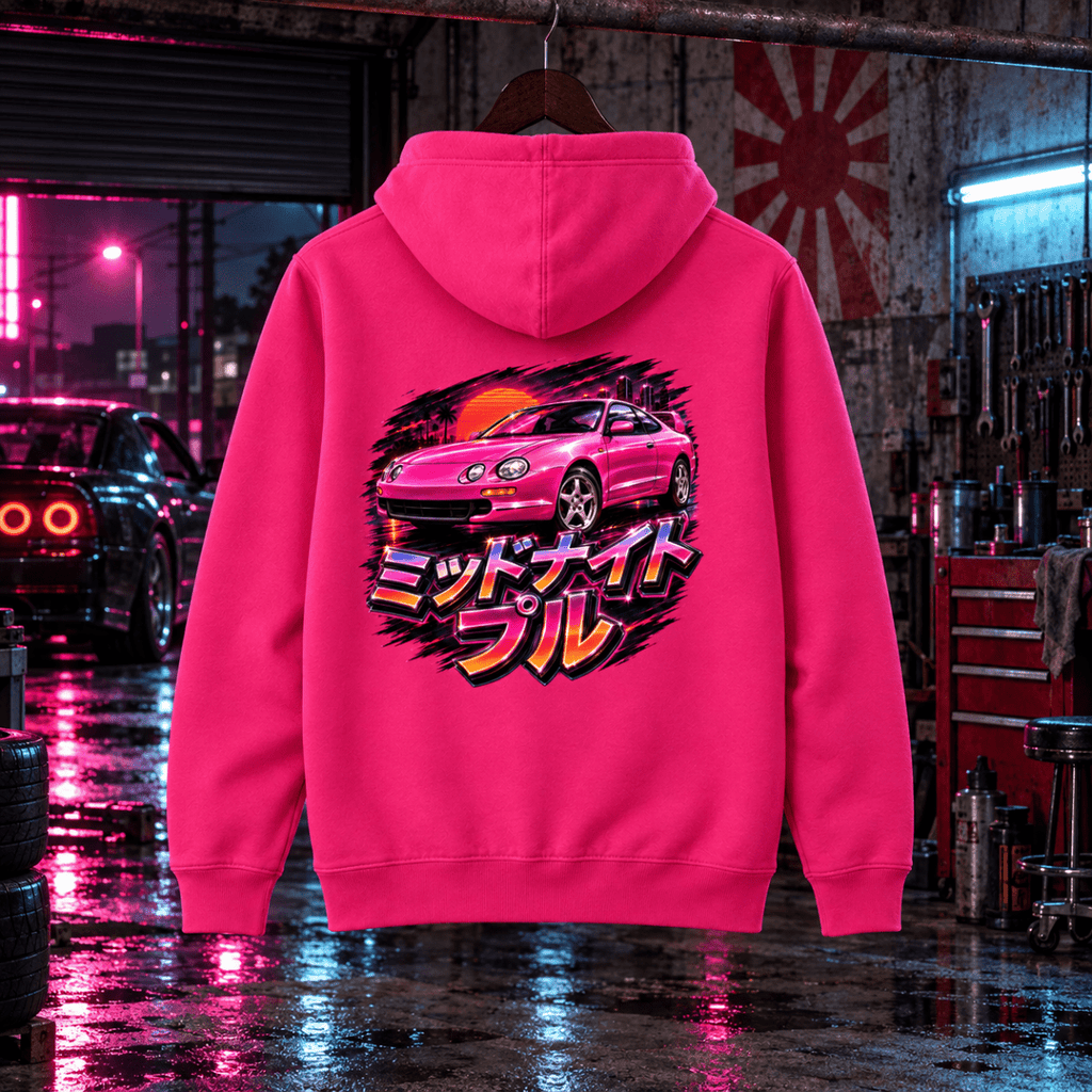 Midnight Pull hot pink hoodie back in a gritty Japanese tuning garage