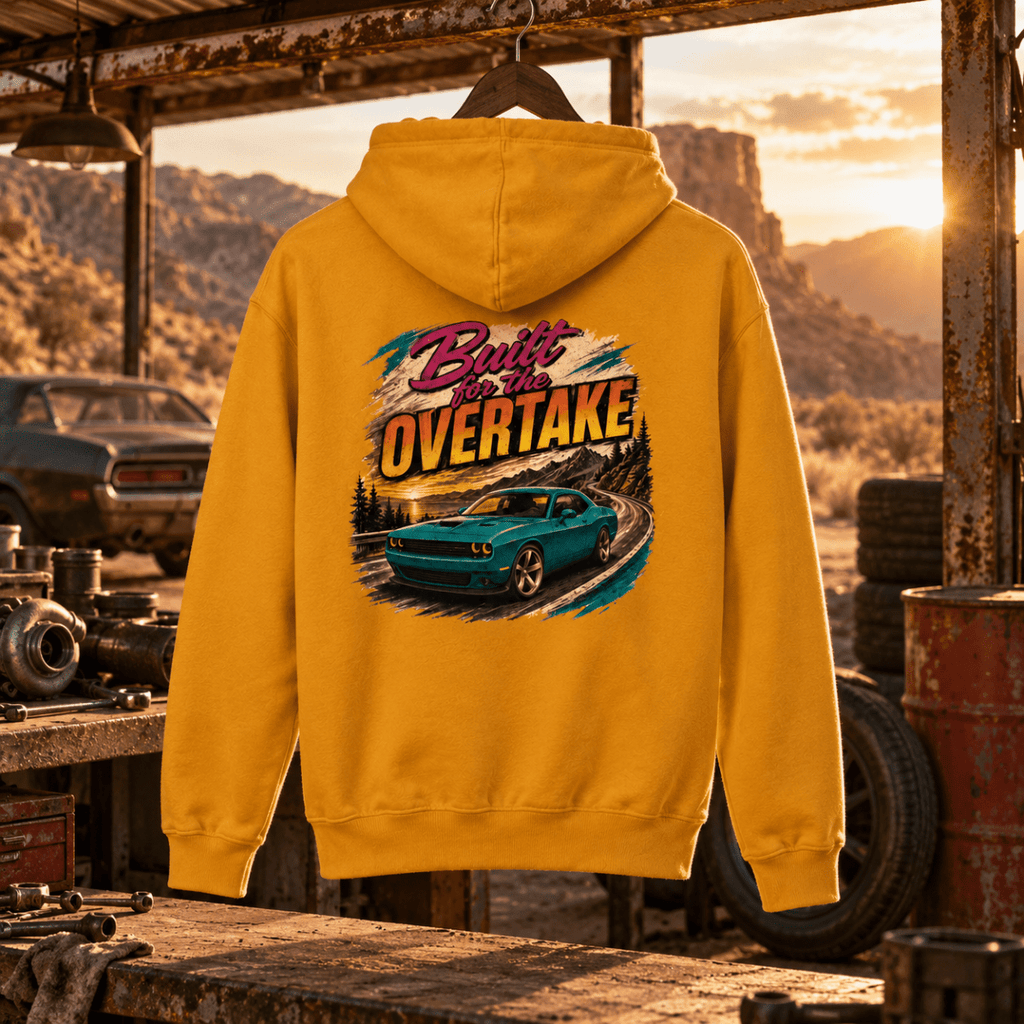 Built for the Overtake mustard hoodie back in a gritty desert workshop