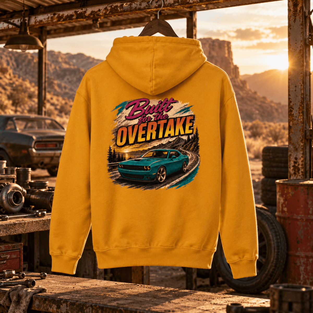 Built for the Overtake mustard hoodie back in a gritty desert workshop