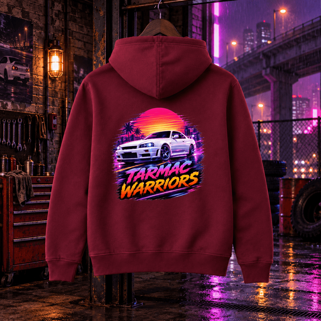 Tarmac Warriors burgundy hoodie back in a gritty industrial night workshop