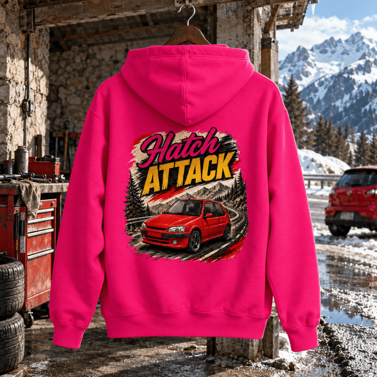 Hatch Attack hot pink hoodie back in a gritty alpine repair shelter
