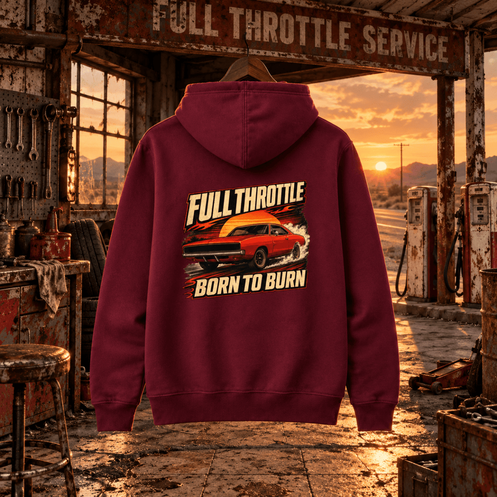 Full Throttle burgundy hoodie back in a gritty roadside fuel-station workshop