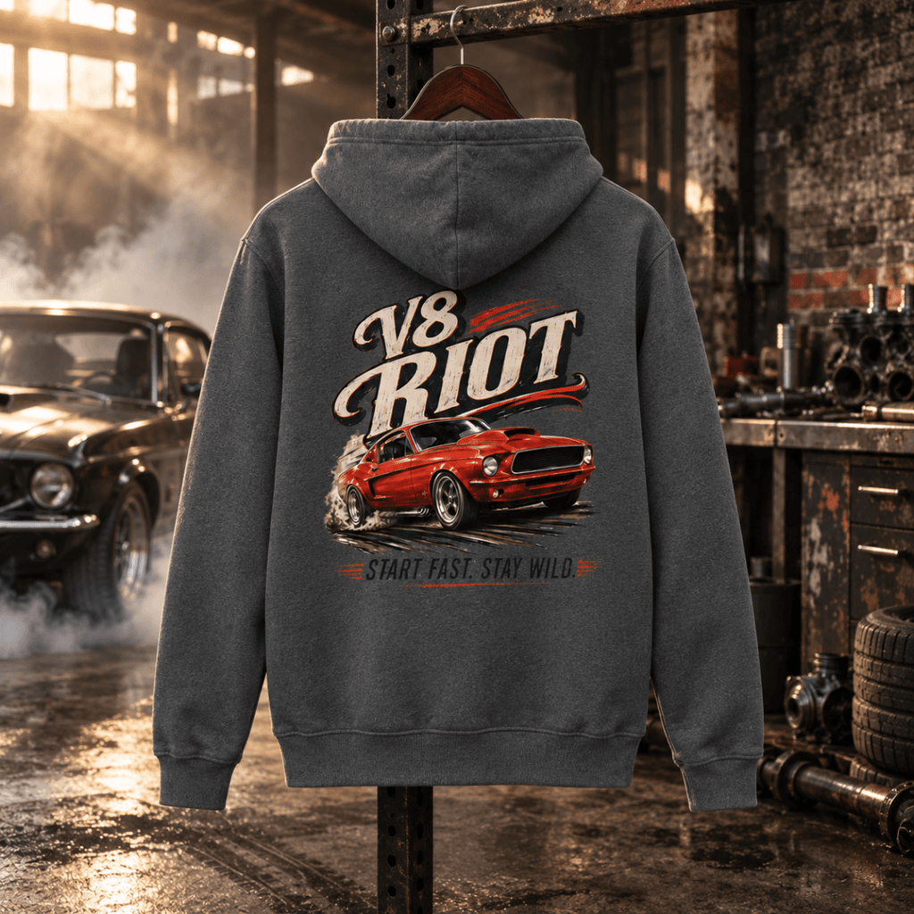 V8 Riot storm grey hoodie back in a gritty burnout workshop