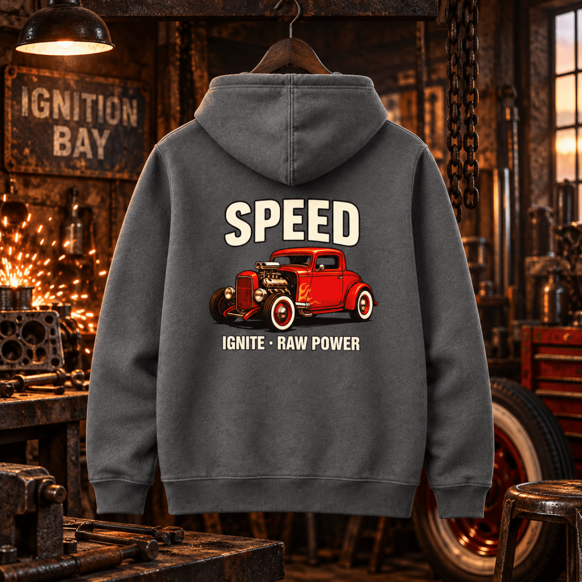 Speed Ignite shark grey hoodie back in a gritty hot-rod forge