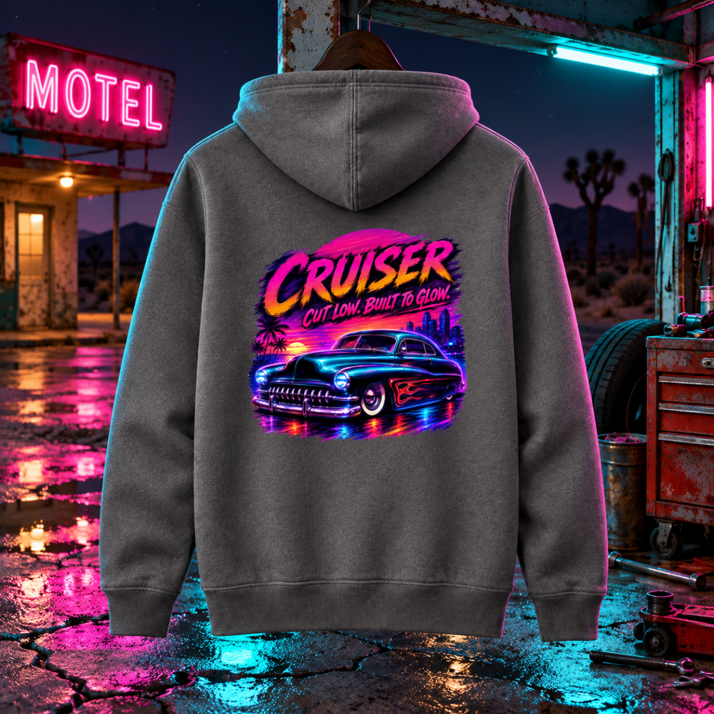Cruiser Cut Low shark grey hoodie back in a gritty neon motel garage