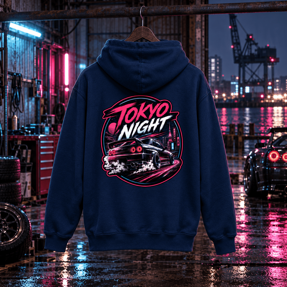 Tokyo Night navy hoodie back in a gritty dockside drift workshop