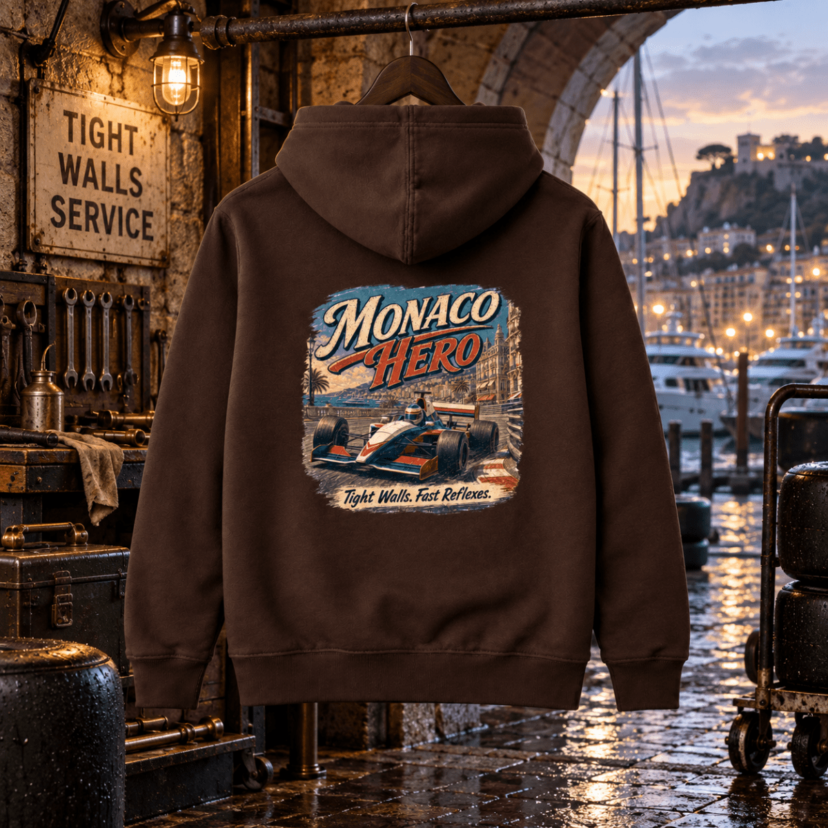 Monaco Hero hot chocolate hoodie back in a gritty harbour race workshop
