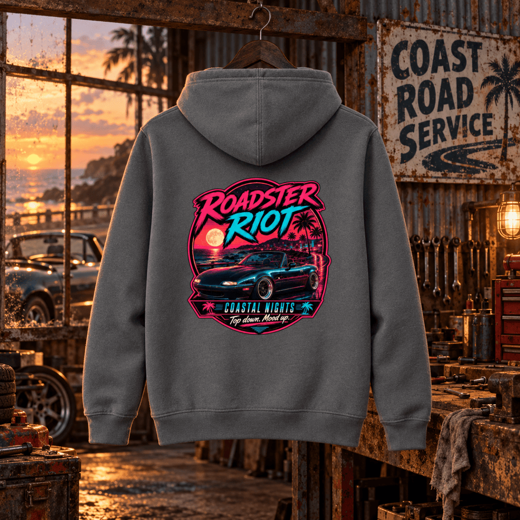 Roadster Riot shark grey hoodie back in a gritty coastal roadster workshop