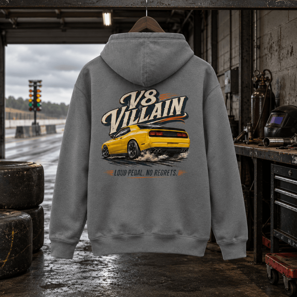 V8 Villain storm grey hoodie back in a gritty drag-strip pit garage