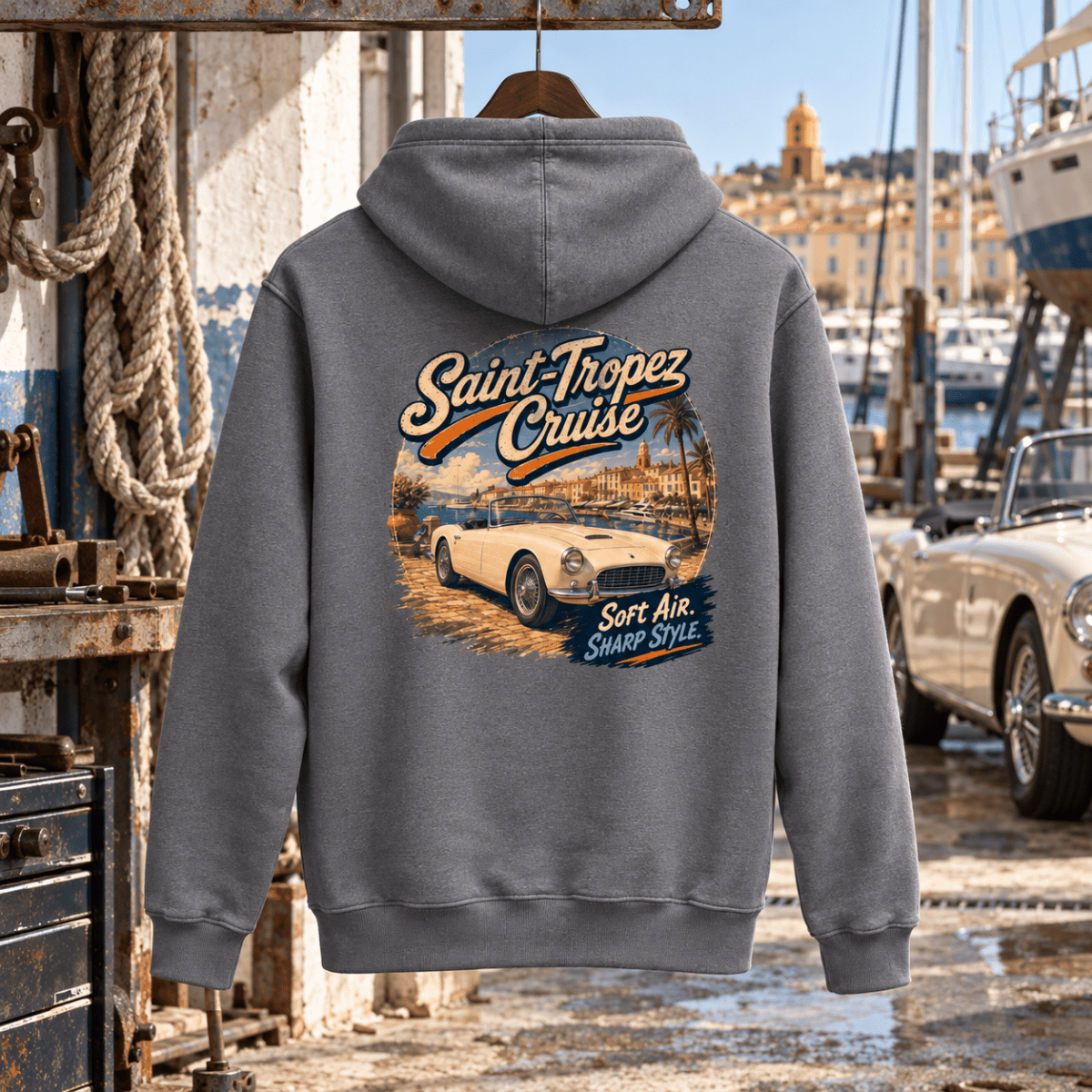Saint Tropez Cruise storm grey hoodie back in a gritty boatyard workshop