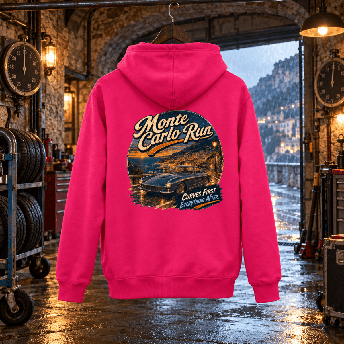 Classic Coupe Graphic Hoodie – Monte Carlo Run in a varied gritty automotive setting