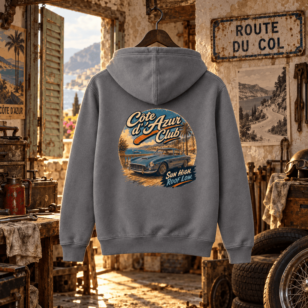 Cote d'Azur storm grey hoodie back in a gritty Riviera hill-climb workshop