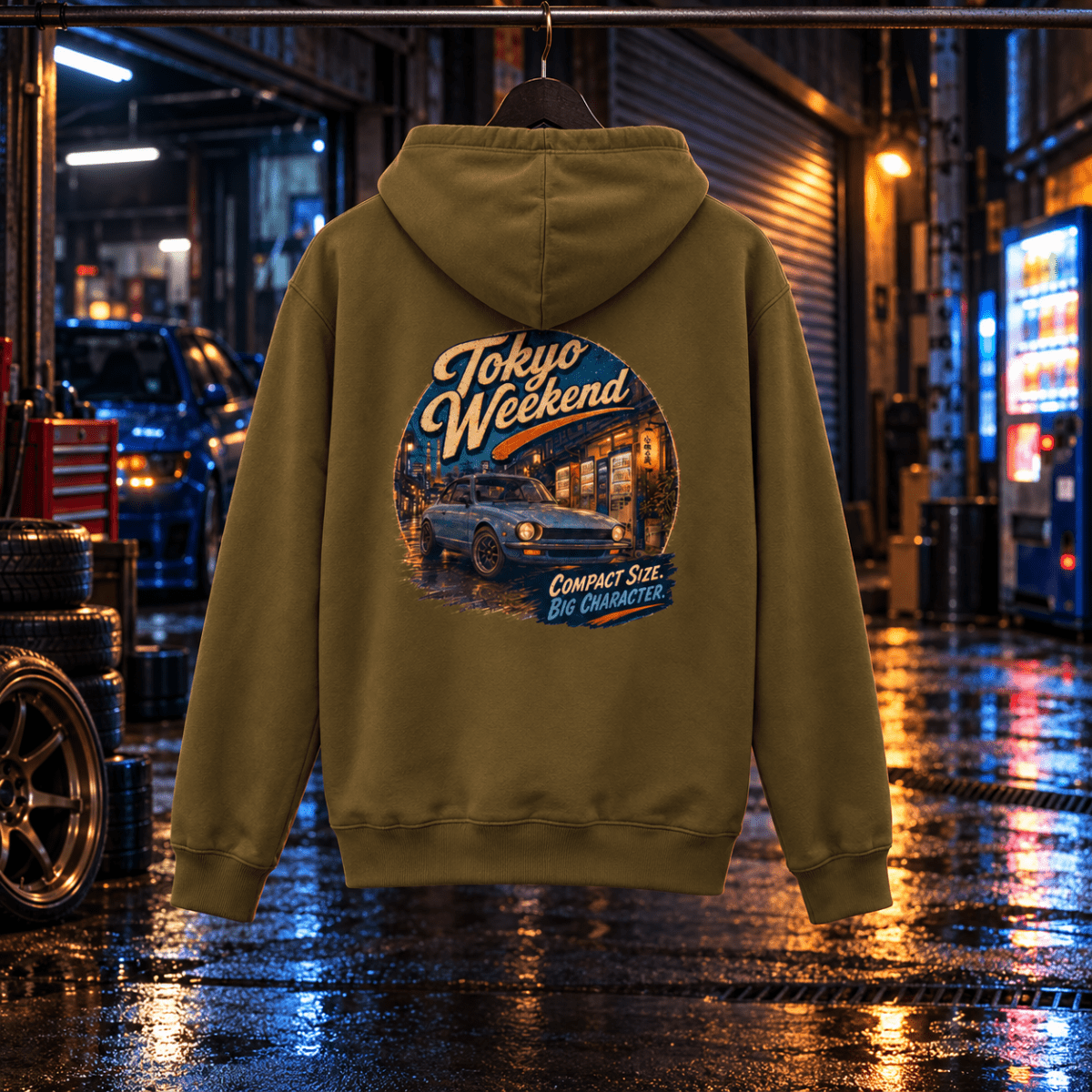 JDM Car Graphic Hoodie – Tokyo Weekend Classic Compact Street Car in a varied gritty automotive setting