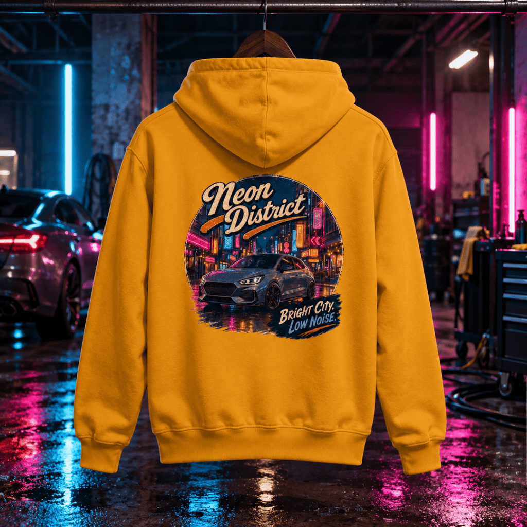 Neon District mustard hoodie back in a gritty neon detailing bay