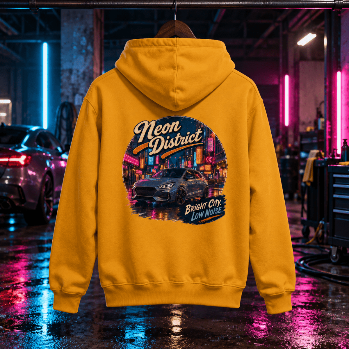 Neon District mustard hoodie back in a gritty neon detailing bay