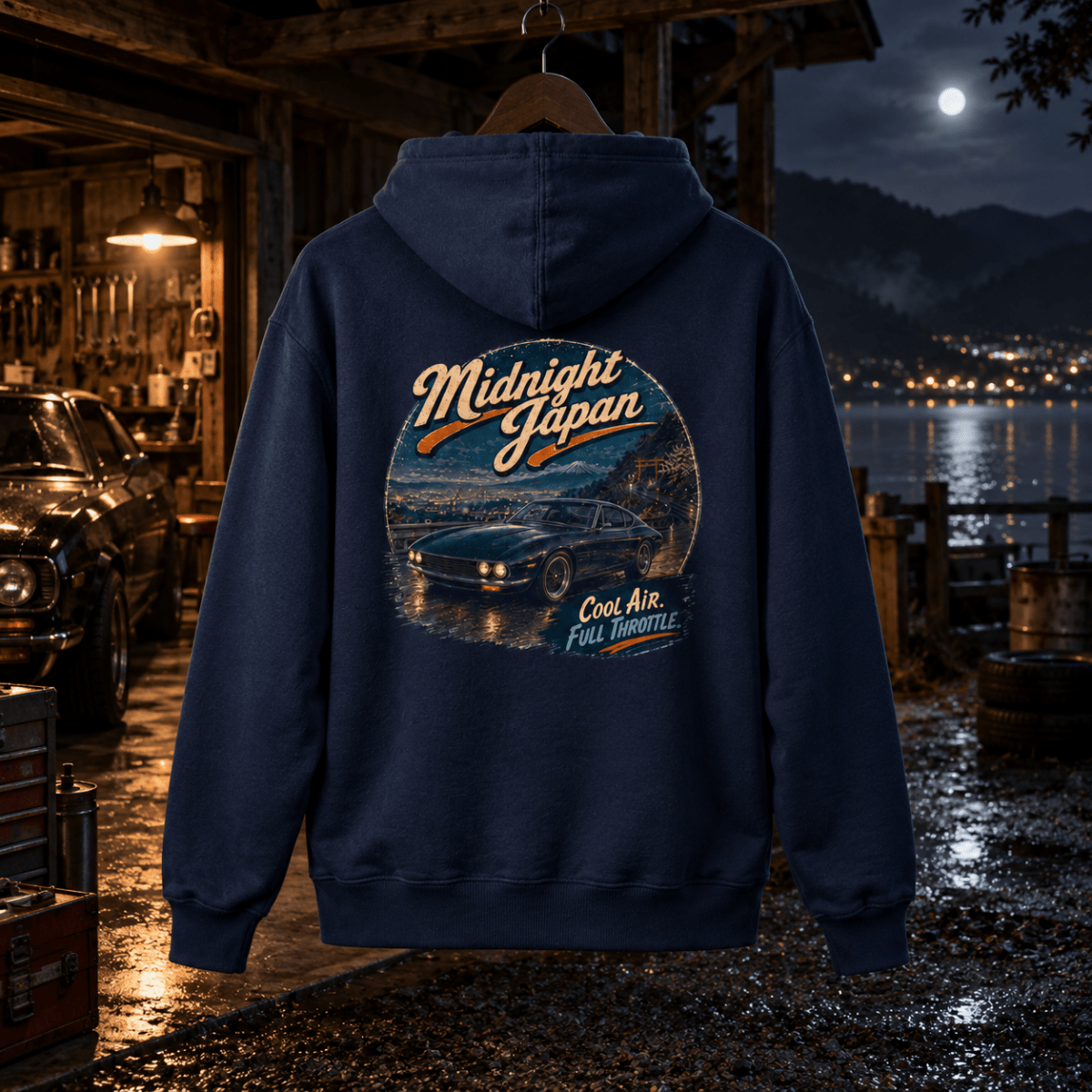 Midnight Japan navy hoodie back in a gritty lakeside workshop